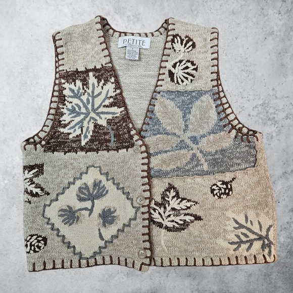Petite Sophisticate Jackets & Blazers - Petite Sophisticate Vintage Knit Sweater Vest Botanical Patchwork Tan Small D36